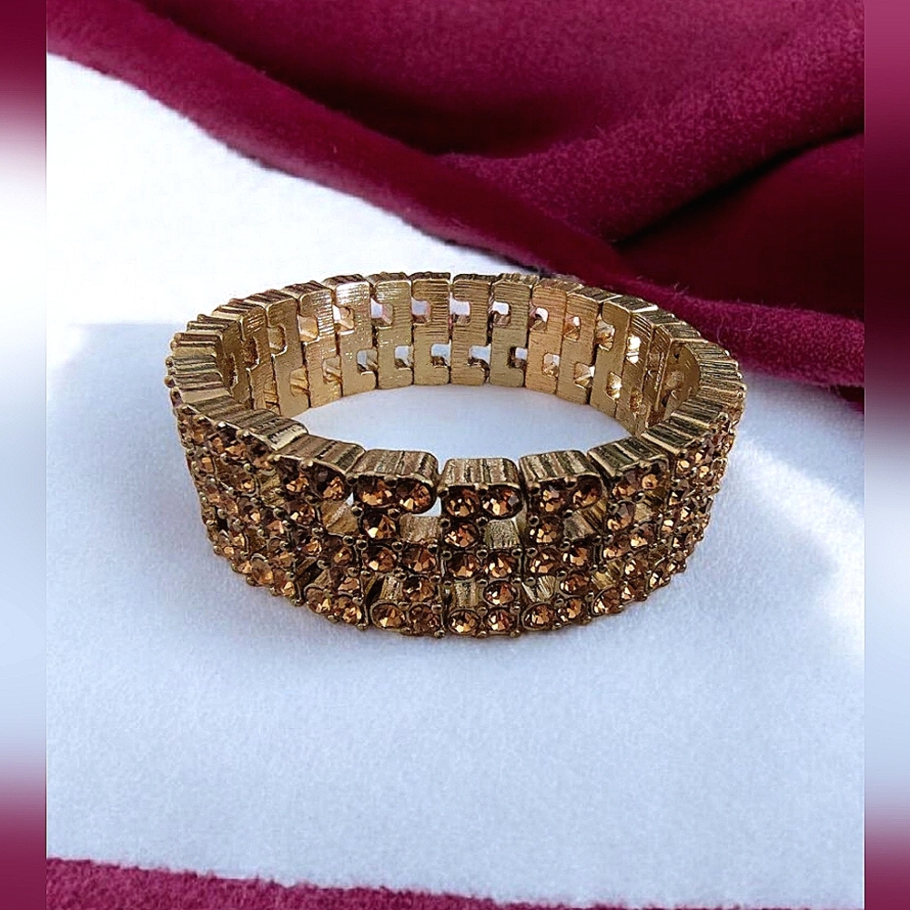 Monet Gold Tone & Amber Colored Rhinestone Stretch Bracelet Signed